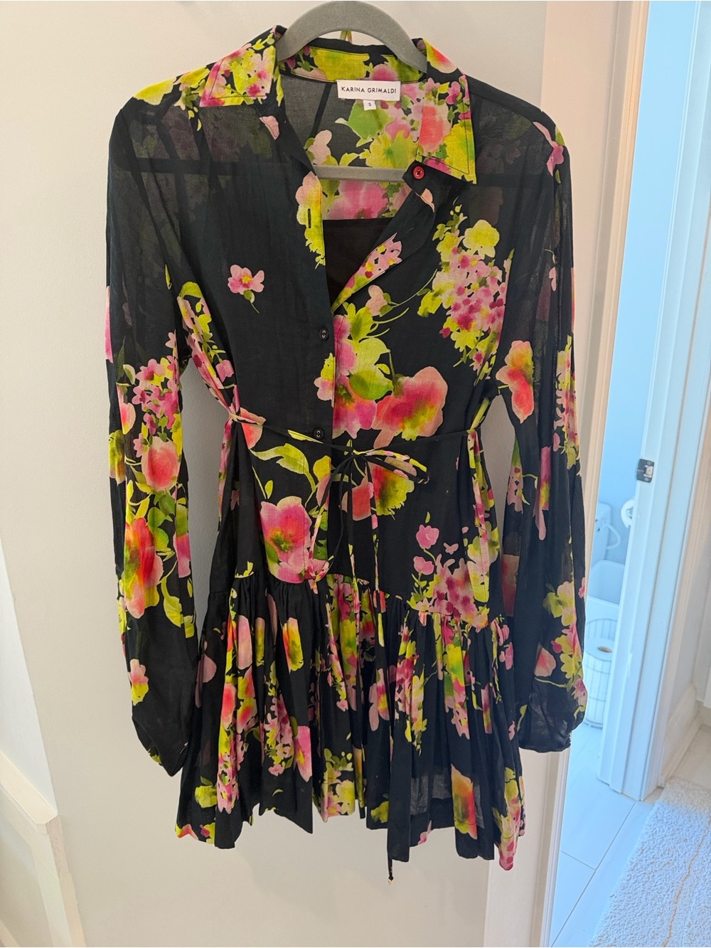 Karina Grimaldi Black Floral Tie-Waist Mini Dress with Pink and Lime Accents